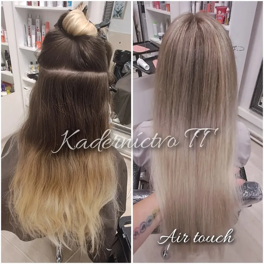 Air touch pred a po: tmavé odrastené vlasy zmenené na svetlú popolavú blond
