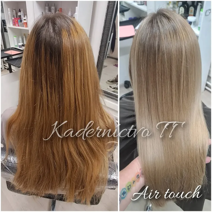 Air touch pred a po: ryšavohnedé vlasy zmenené na svetlú blond