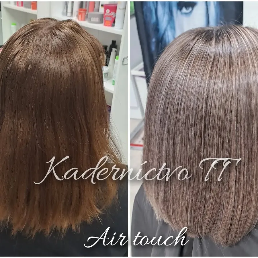 Air touch pred a po: hnedé vlasy zmenené na svetlý popolavý bob
