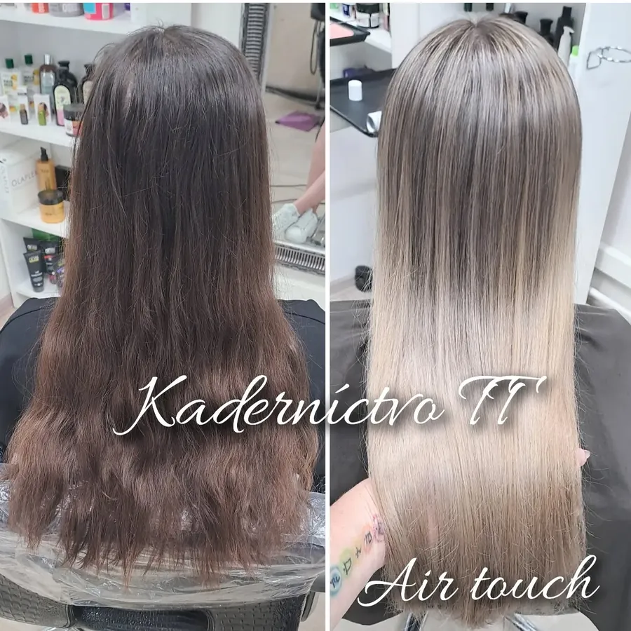 Air touch pred a po: tmavohnedé dlhé vlasy zmenené na svetlú popolavú blond