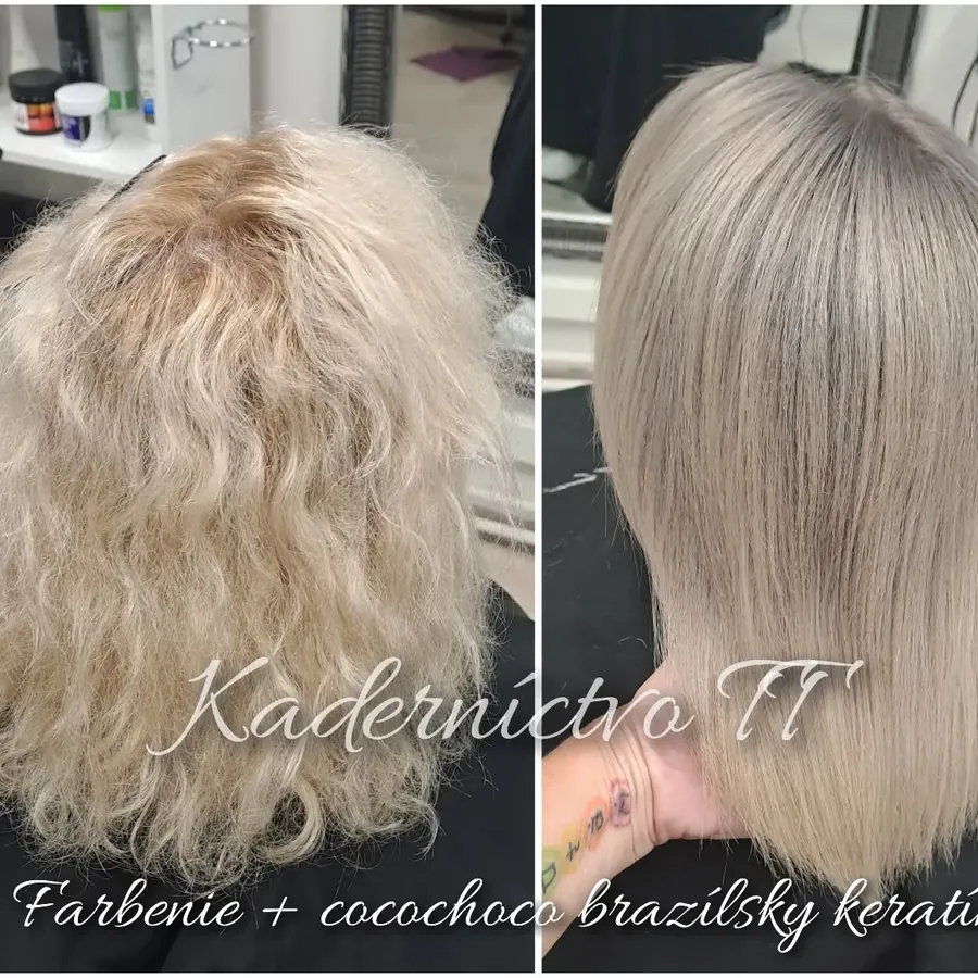 Farbenie a brazílsky keratín Cocochoco pred a po: kučeravé blond vlasy vyrovnané do hladka