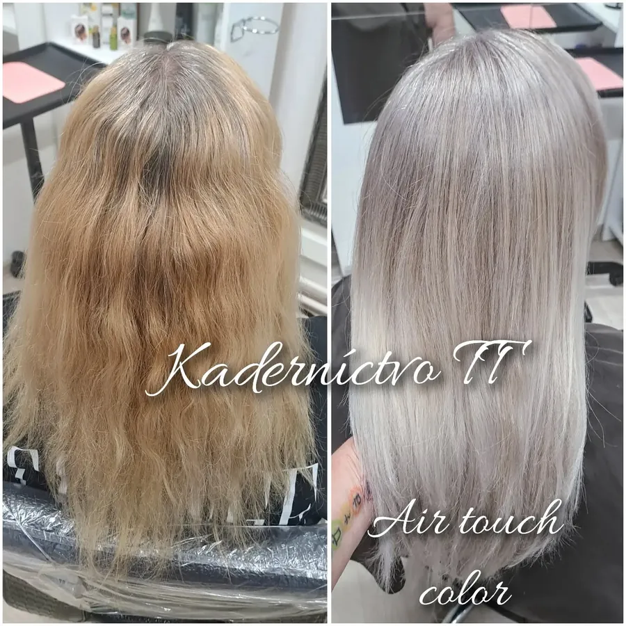 Air touch color pred a po: tmavoblond vlasy zmenené na striebornú blond