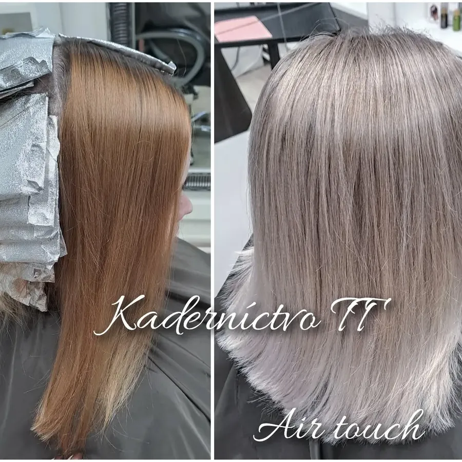 Air touch pred a po: hnedé rovné vlasy zmenené na popolavú blond